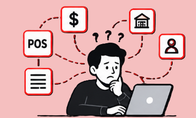 Confused bookkeeper with disjointed paperwork